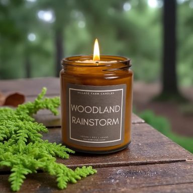 Woodland Rainstorm Woodland Rainstorm a scent of warm cedarwood, amber, and fresh water, deepened by earthy notes of moss and patchouli for a sense of peace